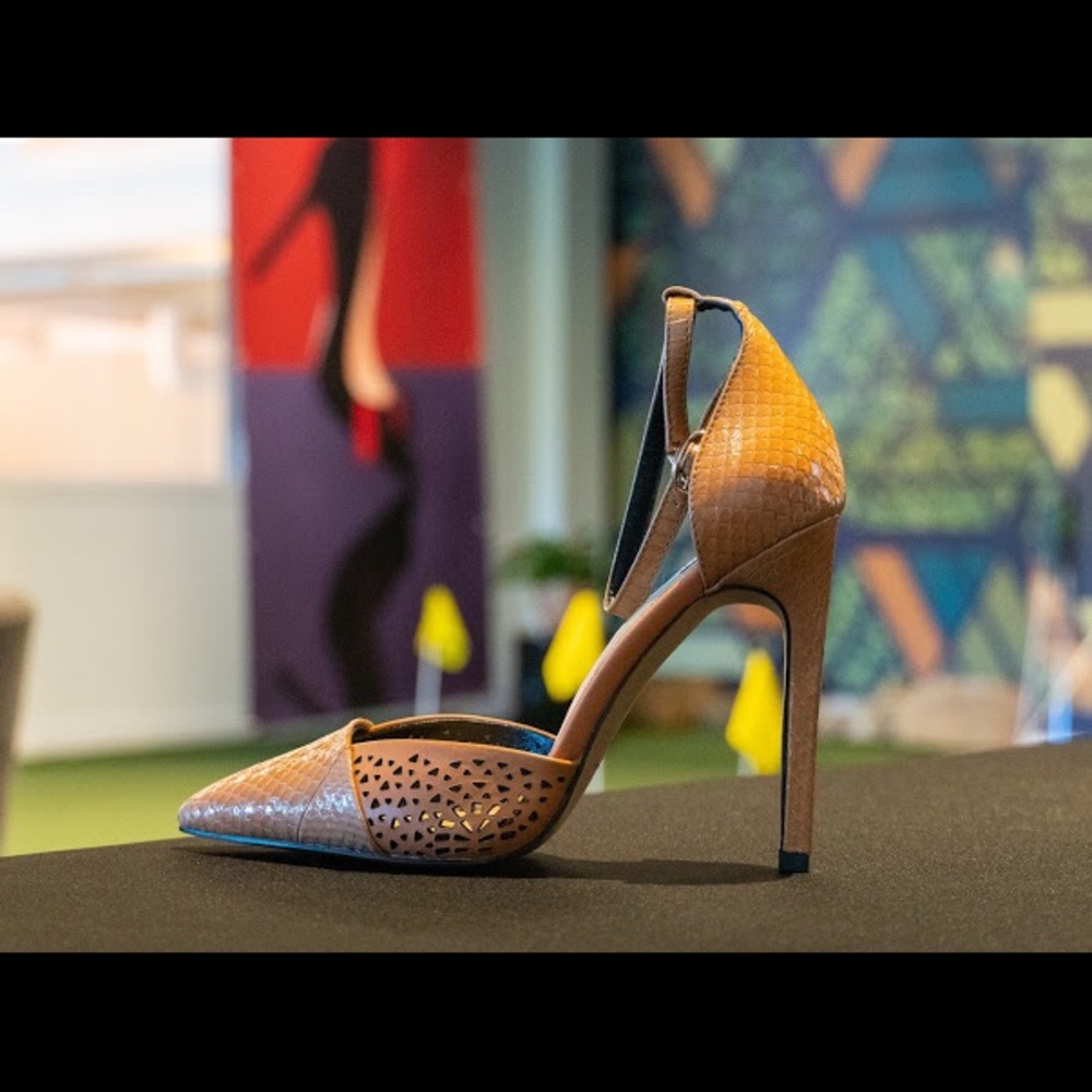 Beautiful bronze ankle strap pointed toe heels.